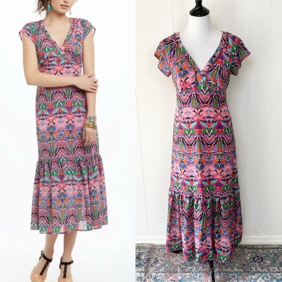 Vanessa Virginia by Anthropologie Women’s Sz 4  Beaded Mural Maxi Dress Colorful - Picture 1 of 16
